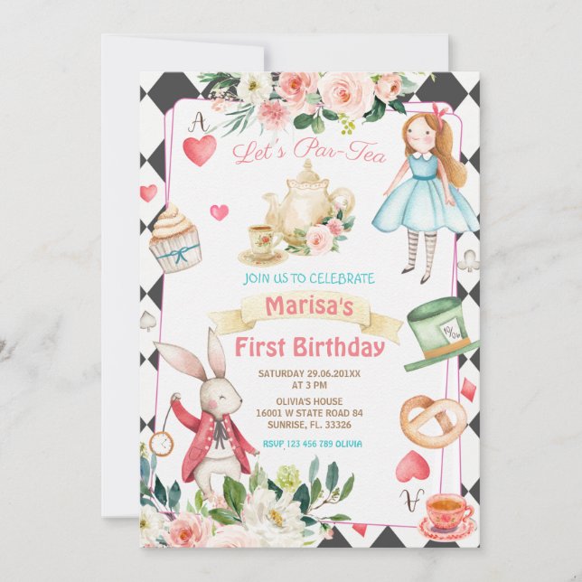 Convite Alice Par-tea Floral Tea Birthday Girl  (Frente)