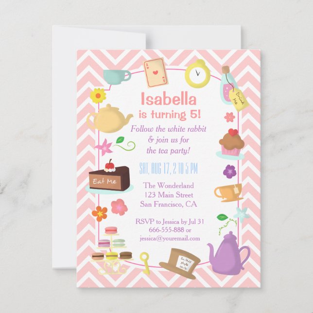 Convite Alice Pink Chevron no Partido do Chá em Wonderland (Frente)