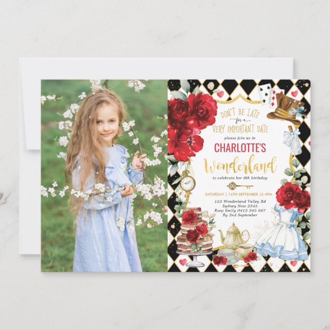 Convite Alice Vermelha no País das Maravilhas Chá de Chapé (Frente)
