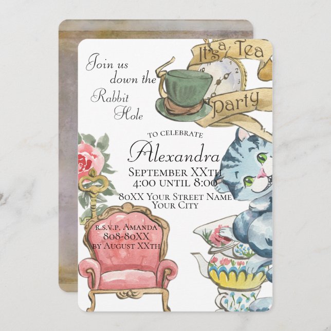 Convite Alice Whimsic no Partido do Chá em Wonderland (Frente/Verso)