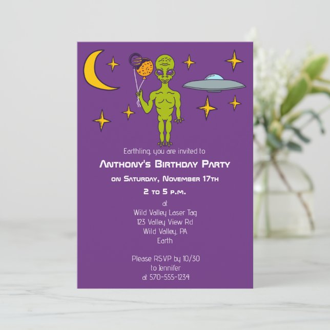 Convite Alienígena Espacial com Festa de aniversário de Ba (Em pé/Frente)