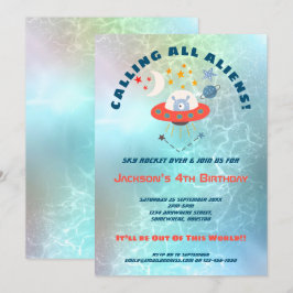 Convite Aliens Teal Watercolor 4ª festa de aniversário