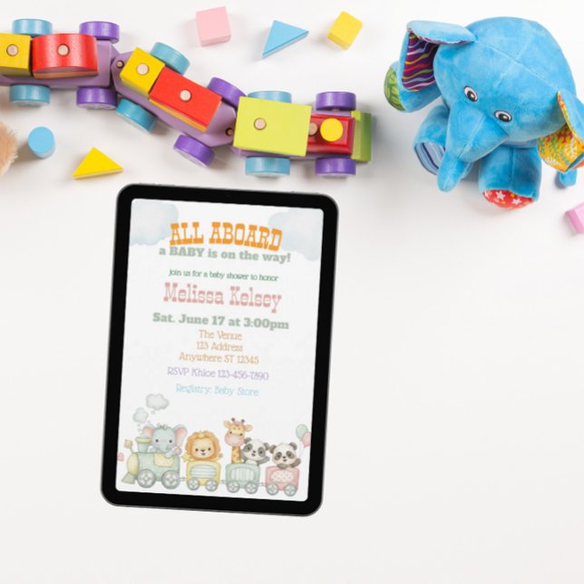 Convite All Aboard Animal Train Baby Shower (Criador carregado)