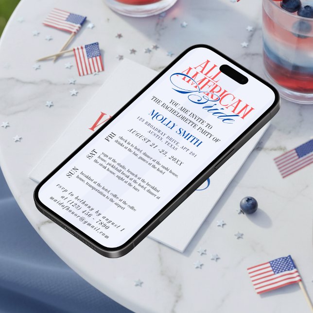 Convite All American Bride Bachelorette Weekend Itinerary  (All American Bride Bachelorette Weekend Itinerary Invitation)