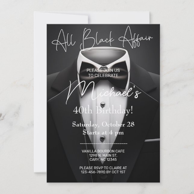 Convite All Black Affair adult man birthday invitation. (Frente)