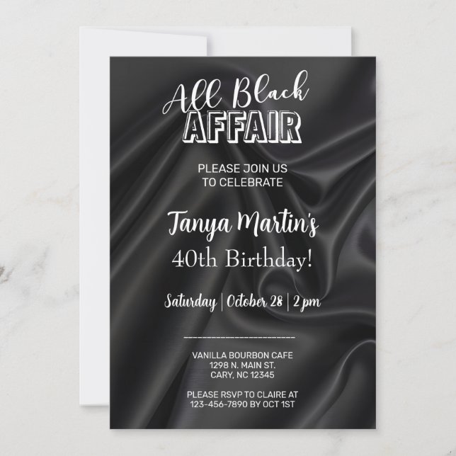 Convite All Black Affair adult woman birthday invitation. (Frente)