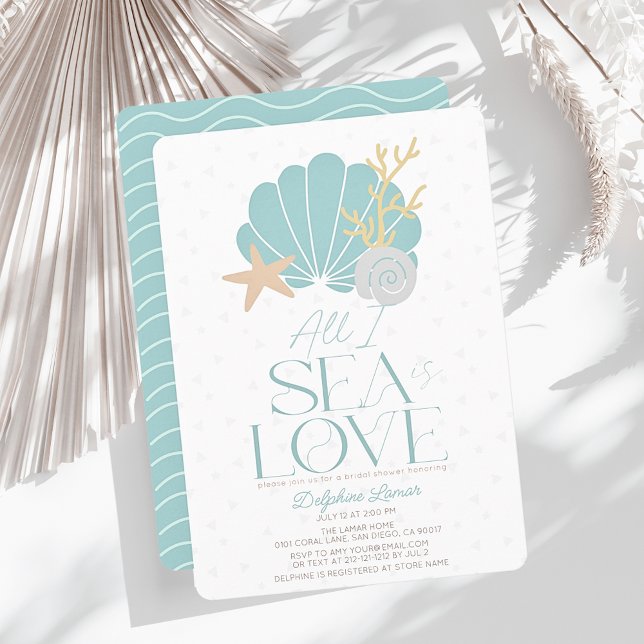 Convite All I Sea is Love Blue Seashell Bridal Shower (Criador carregado)