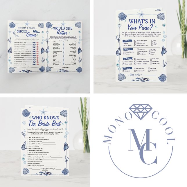 Convite All I Sea Is Love Bridal Shower Wedding 4 Games  (wedding stationery under the sea ocean beach coastal watercolor nautical tropical destination summer)