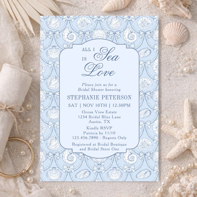 Convite All I Sea Is Love Dusty Blue Coastal Bridal Shower (Criador carregado)