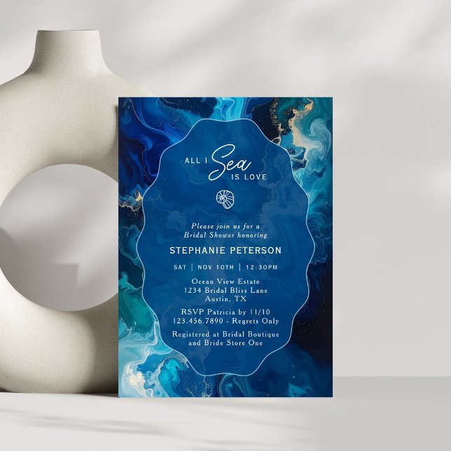 Convite All I Sea Is Love Moody Coastal Blue Bridal Shower (Criador carregado)