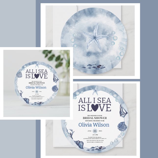 Convite All I Sea Is Love Nautical Bridal Shower Seashell  (All I Sea Is Love Nautical Bridal Shower Seashell Invitation navy blue, light blue, and soft white)