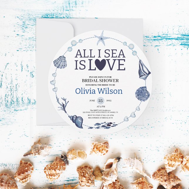 Convite All I Sea Is Love Nautical Bridal Shower Seashell  (All I Sea Is Love Nautical Bridal Shower Seashell)