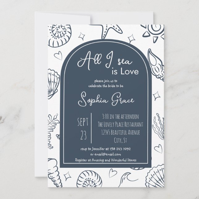 Convite All I Sea is Love Navy Blue Seashells Doodles  (Frente)