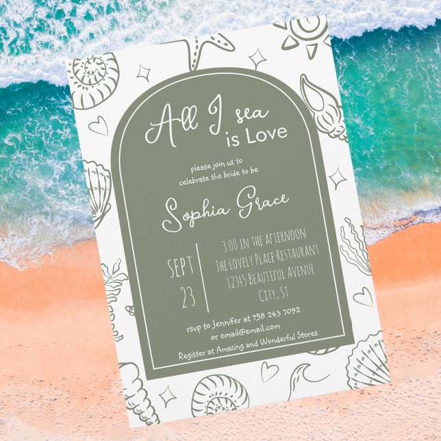 Convite All I Sea is Love Sage Green Doodles Bridal Shower (Criador carregado)