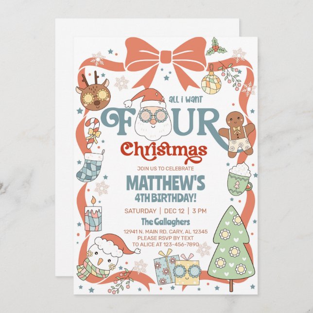 Convite All I want FOUR Christmas boy 4th birthday invite. (Frente/Verso)