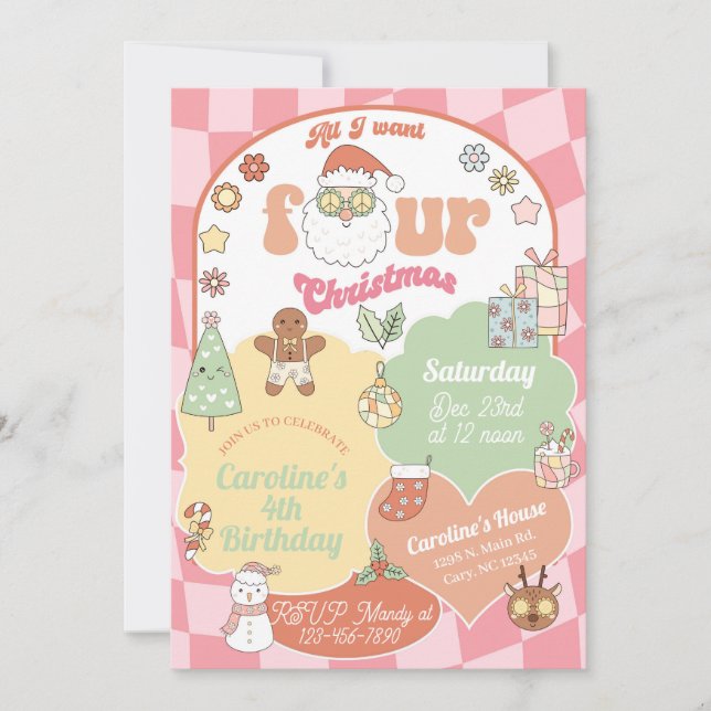 Convite All I want four Christmas girl 4th birthday. (Frente)