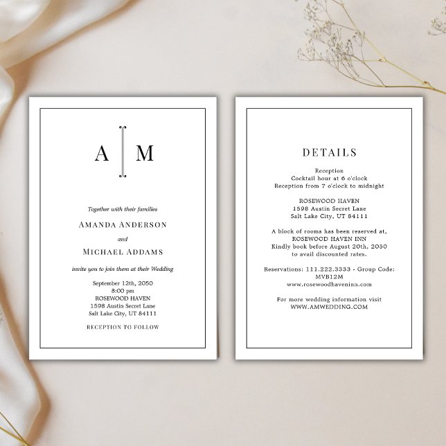 Convite All-In-One Black White Monogram Minimal Wedding (Criador carregado)