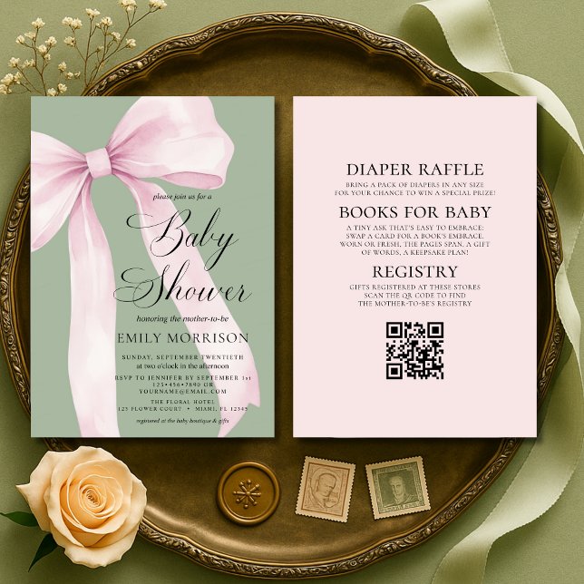 Convite All in One Blush Pink Bow Sage Green Baby Shower (Criador carregado)