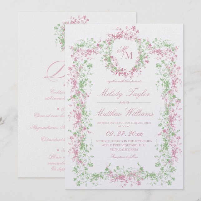 Convite All in One Delicate Blush and Sage Ornate Wedding (Frente/Verso)