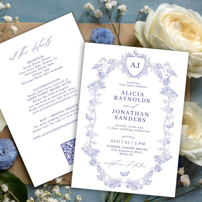 Convite All in one dusty blue French floral wedding (Criador carregado)