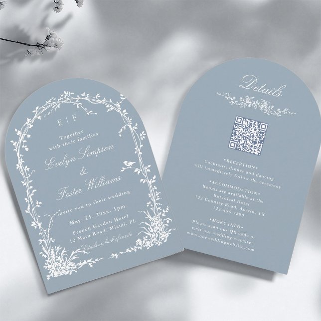 Convite All in One Floral Arch Garden Wedding Dusty Blue (Front & Back)
