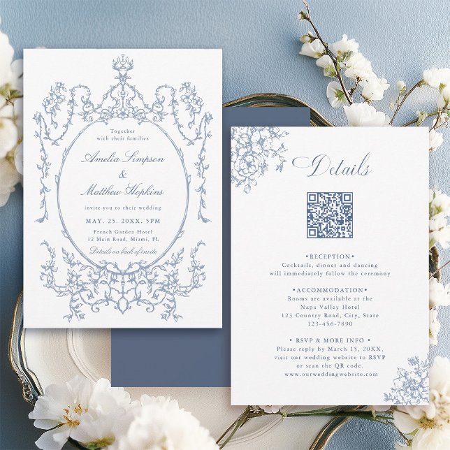 Convite All in One Floral Frame Blue Wedding               (Front & Back)