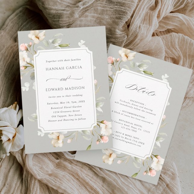 Convite All In One Gray Sage White Elegant Floral Wedding (Criador carregado)