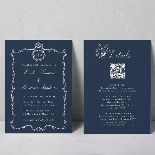 Convite All in One Modern Classic French Wedding Navy Blue (Front & Back)