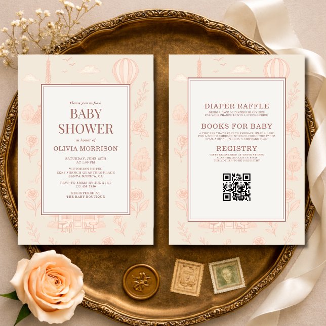 Convite All in One Paris French Toile QR Code Baby Shower (Criador carregado)