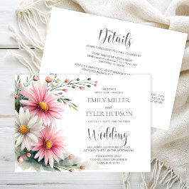 Convite All in One Pink and White Daisies Wedding