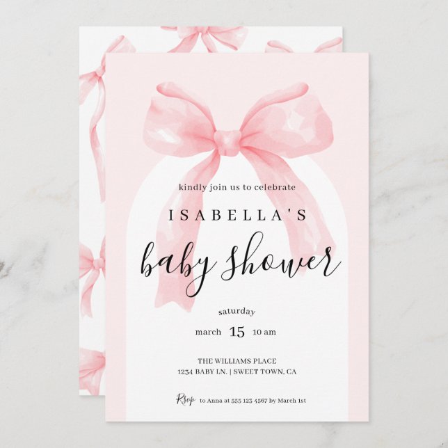Convite All In One Pink Bow Baby Shower (Frente/Verso)