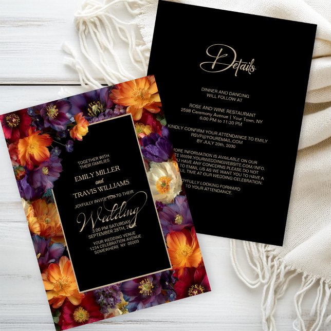 Convite All in One Purple and Orange Floral Black Wedding (Criador carregado)