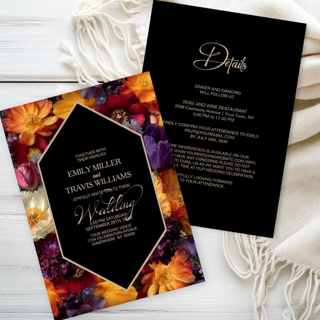 Convite All in One Purple and Orange Floral Black Wedding (Criador carregado)