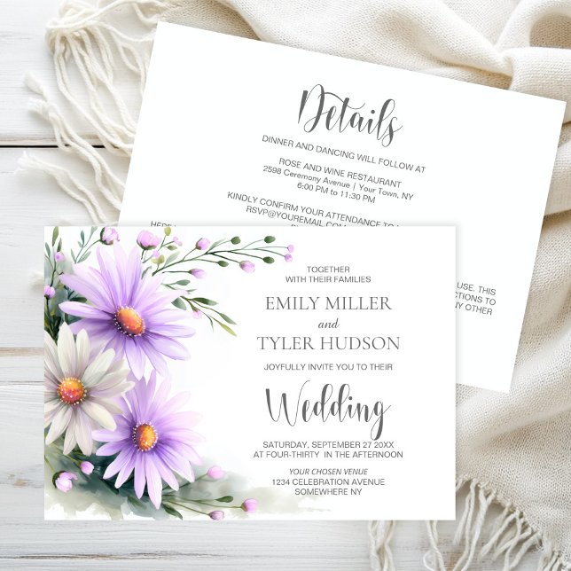 Convite All in One Purple and White Daisies Wedding (Criador carregado)