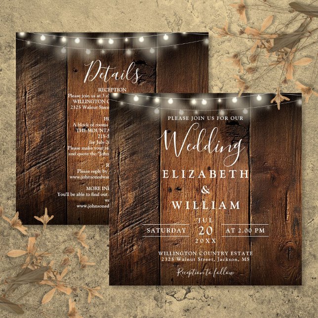 Convite All In One Rustic Barn Wood String Lights Wedding (All In One Rustic Barn Wood String Lights Wedding Invitation)