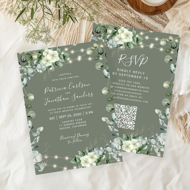 Convite All in one rustic lights RSVP sage green wedding (Criador carregado)