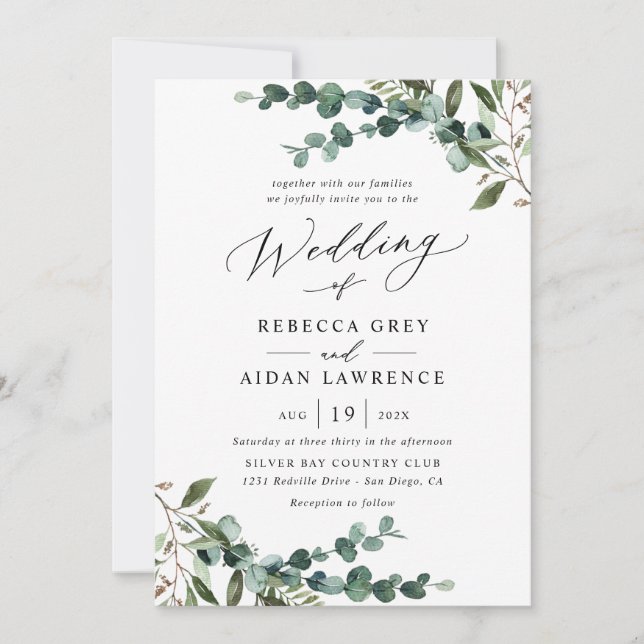 Convite All-In-One Rustic Watercolor Greenery Wedding (Frente)