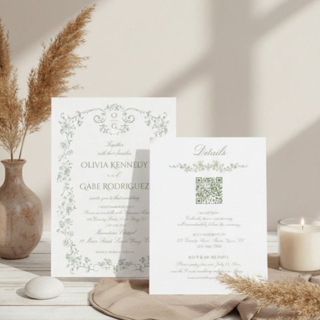 Convite All in One Sage Green French Floral w QR Wedding (Criador carregado)
