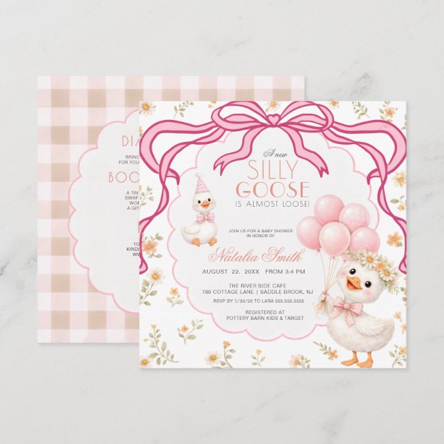 Convite All in One Silly Goose Gingham Bow Baby Shower (Frente/Verso)
