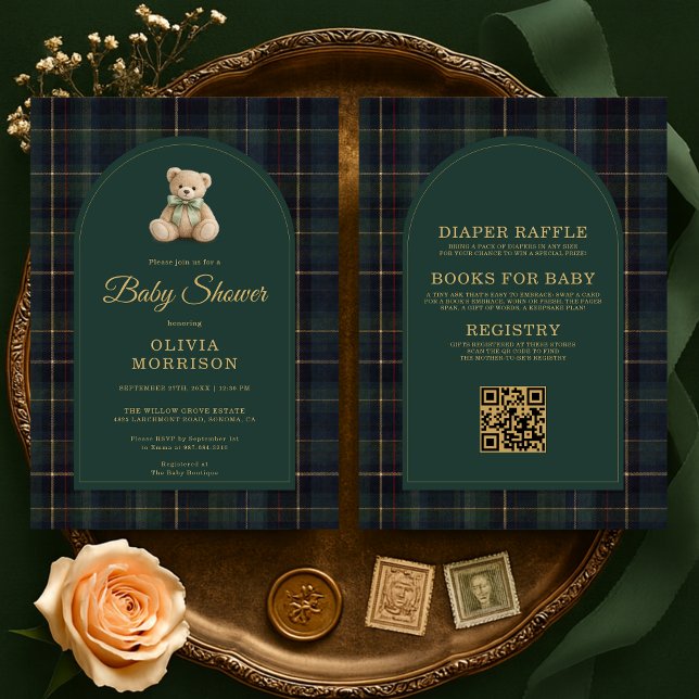 Convite All in One Teddy Bear Plaid Green Baby Shower (Criador carregado)