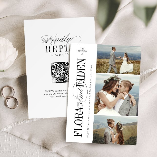 Convite All in One Timeless Typography 3 photo Wedding (All in One Timeless Typography 3 photo Wedding Invitation)