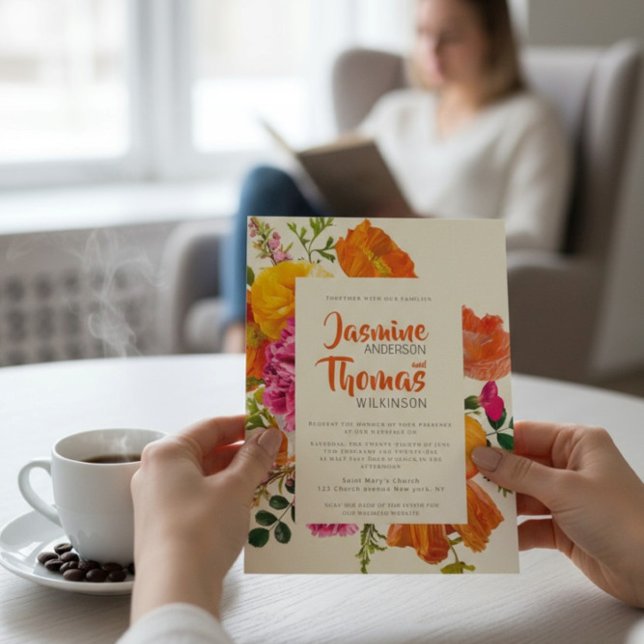 Convite all in one wedding qr code orange poppy wedding (Criador carregado)