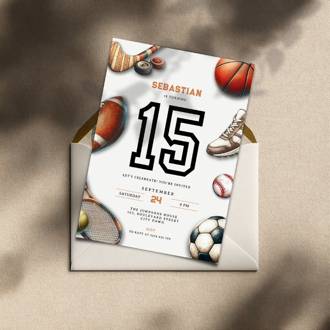 Convite All Star Sports 15th Birthday Invitation for Boys (All Star Sports 15th birthday invitation for teenager boys)