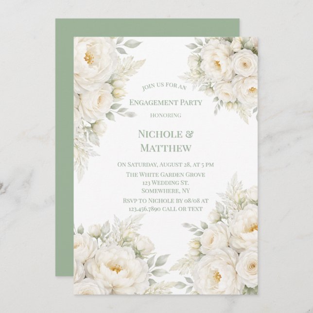 Convite All White Floral Engagement Party (Frente/Verso)