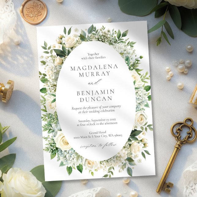 Convite All White Hydrangeas Roses Floral Frame Wedding (Criador carregado)