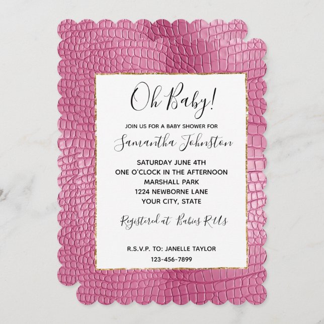 Convite Alligador Faux Cor-de-rosa Chá de fraldas (Frente/Verso)
