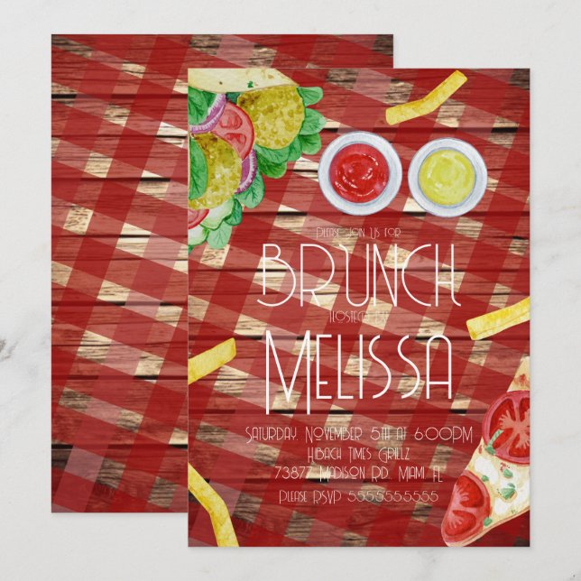 Convite Almoço Brunch Comida Restaurante Festa Aquarela  (Frente/Verso)