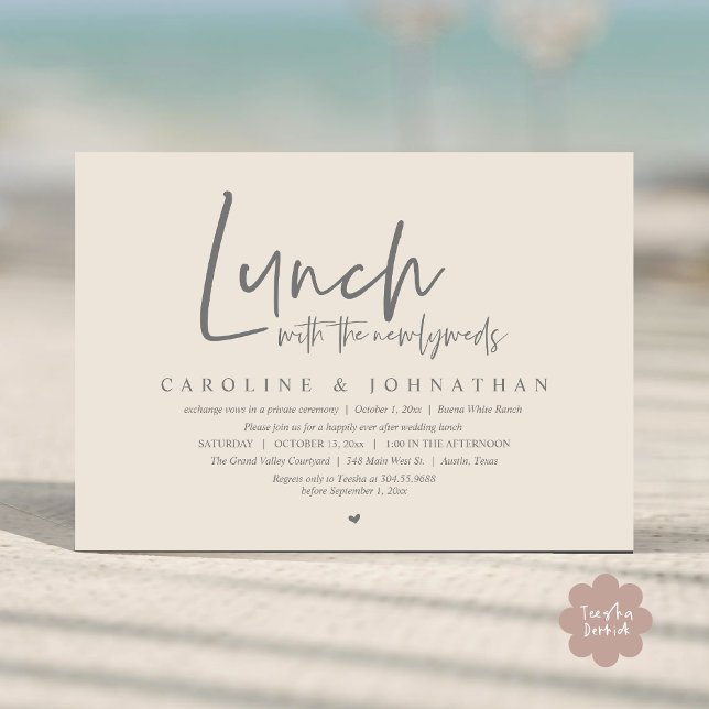 Convite Almoço com os recém-casados, feliz para sempre (Lunch with the Newlyweds, Happily Ever After Modern Minimalist Invitation Card PDF Cream Grey)