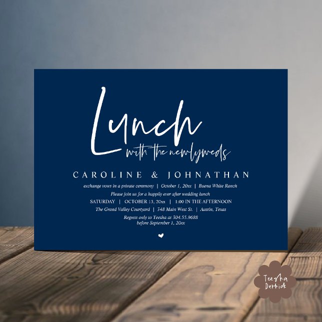 Convite Almoço com os recém-casados, feliz para sempre (Lunch with the Newlyweds, Happily Ever After Modern Minimalist Invitation Card PDF Navy Blue)