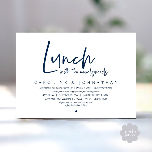 Convite Almoço com os recém-casados, feliz para sempre (Lunch with the Newlyweds, Happily Ever After Modern Minimalist Invitation Card PDF Navy Blue)